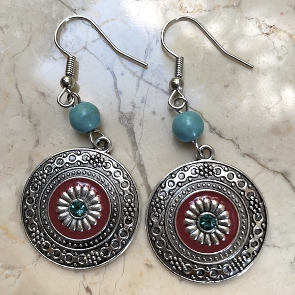 Boho Silver Round Turquoise Bead Drop  Earrings - Picture 10 of 14